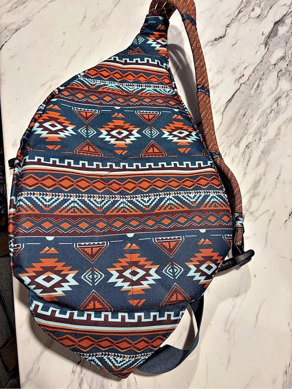 KAVU Original Rope Bag Geometric Backpack in Blue & Orange